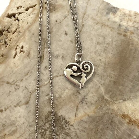 Sterling Silver 925 Mother & Child Scrollwork Heart Pendant Necklace 18" Chain - Picture 11 of 16
